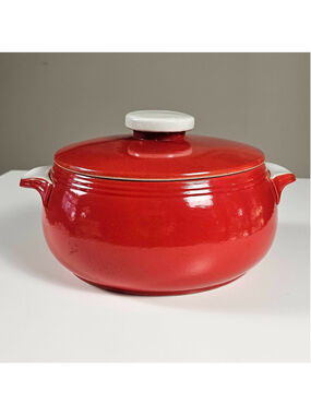Vintage Hall China Pert Covered Casserole Dish Chinese Red White Tab Handles